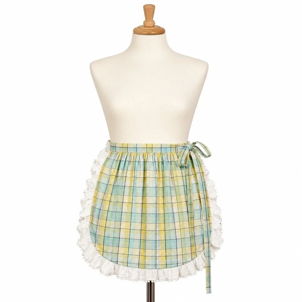 Vintage Waist HALF APRON Sheer‎ Yellow Plaid Ruffle Pom Pom Edge Women's Lovely